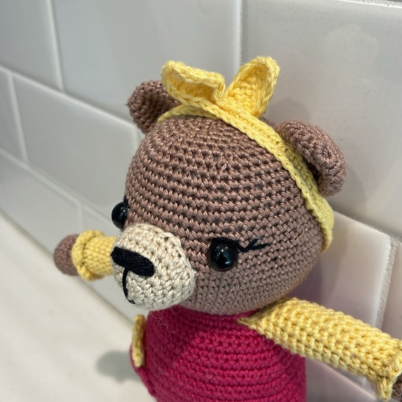 Handcrafted Brownie Bear Doll Figure in Dress Crochet Amigurumi Toy Floral Sunny - Picture 12 of 13